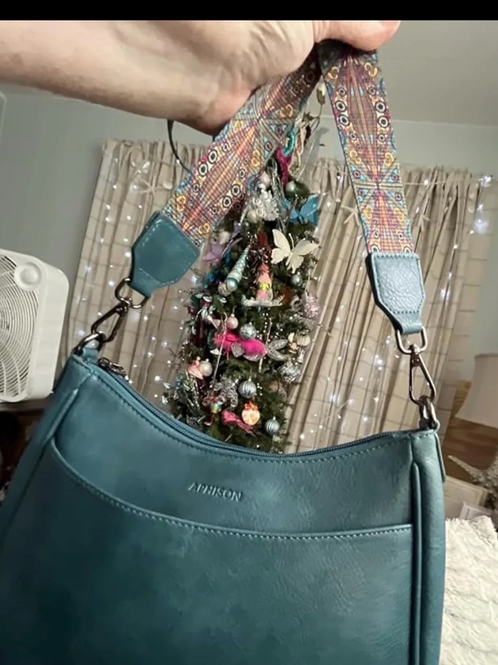 Teal Shoulder Bag with Detachable Patterned Strap
